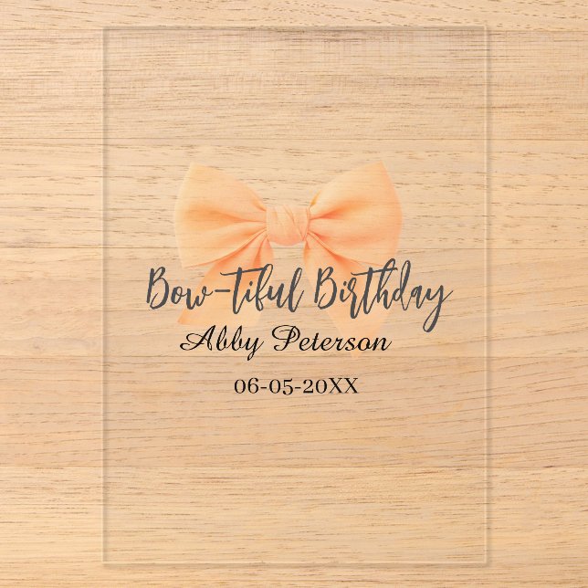 Invitaciones Acrílicas Cumpleaños bow-tiful naranja lazo nombre fecha sim (Anverso)