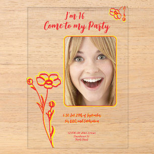 Invitaciones Acrílicas Cumpleaños Brillante Feliz Rojo y Amarillo Flor 16