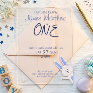 Invitaciones Acrílicas Cumpleaños caprichoso moderno conejo azul 1