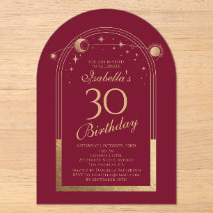 Invitaciones Acrílicas Cumpleaños Celestial Red Gold 30