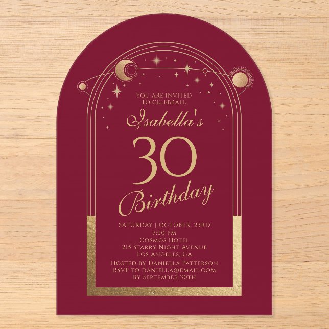 Invitaciones Acrílicas Cumpleaños Celestial Red Gold 30 (Anverso)