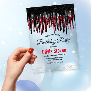 Invitaciones Acrílicas Cumpleaños chic con gotas de brillo negras rojas y
