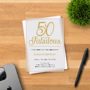 Invitaciones Acrílicas Cumpleaños cincuenta "Oro Letra "50 y fabuloso""