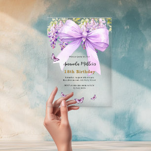 Invitaciones Acrílicas Cumpleaños claro mariposas florales lazo de lavand
