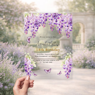 Invitaciones Acrílicas Cumpleaños claro mariposas florales púrpura glicin
