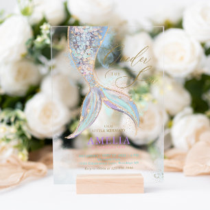 Invitaciones Acrílicas Cumpleaños Cola de Sirena Brillo Dorado UNOder el