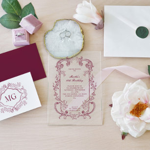 Invitaciones Acrílicas Cumpleaños con Floral Antigua de Borgoña Vintage