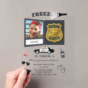Invitaciones Acrílicas Cumpleaños con foto de insignia de policía con tem