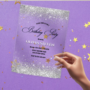 Invitaciones Acrílicas Cumpleaños con monograma glitter plateado falso li