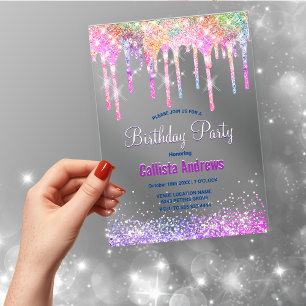 Invitaciones Acrílicas Cumpleaños con unicornio arcoíris brillante y gota