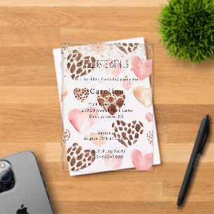 Invitaciones Acrílicas Cumpleaños Corazones de Animal Crema Rosa Brillo D