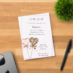 Invitaciones Acrílicas Cumpleaños Corazones Leopardo Rosa Crema