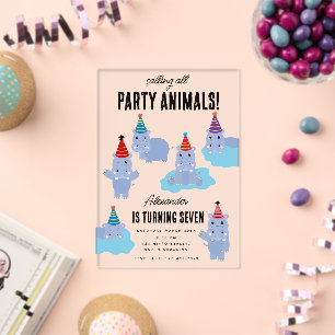 Invitaciones Acrílicas Cumpleaños de Animales de Fiesta Hipopótamo Hippop