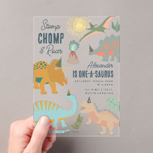 Invitaciones Acrílicas Cumpleaños de Animales de Fiesta Prehistóricos Boh