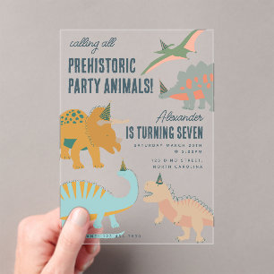 Invitaciones Acrílicas Cumpleaños de Animales de Fiesta Prehistóricos Boh