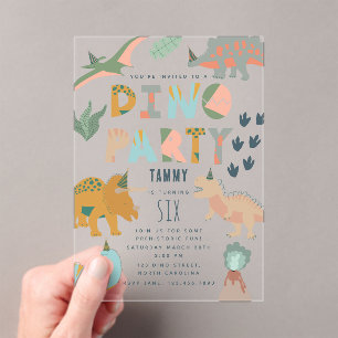 Invitaciones Acrílicas Cumpleaños de Animales Fiesta Boho Dinosaurios