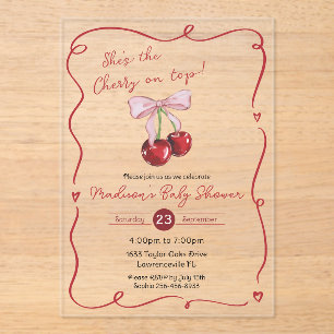 Invitaciones Acrílicas Cumpleaños de Bebé Coquette Rosa Cereza en la Part