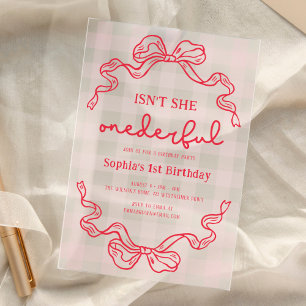 Invitaciones Acrílicas Cumpleaños de Bebé Niña con Lazo Rojo y Rosa Doodl
