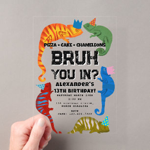 Invitaciones Acrílicas Cumpleaños de Bruh Boy Adolescentes Camaleones