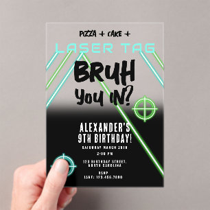 Invitaciones Acrílicas Cumpleaños de Bruh Boy con Etiqueta Láser Neon
