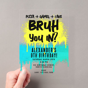 Invitaciones Acrílicas Cumpleaños de Bruh Boy con graffiti neón amarillo 