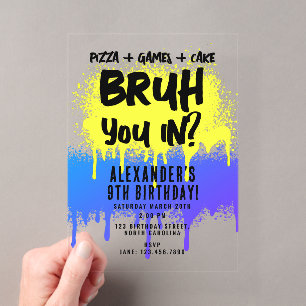 Invitaciones Acrílicas Cumpleaños de Bruh Boy con neón graffiti amarillo 