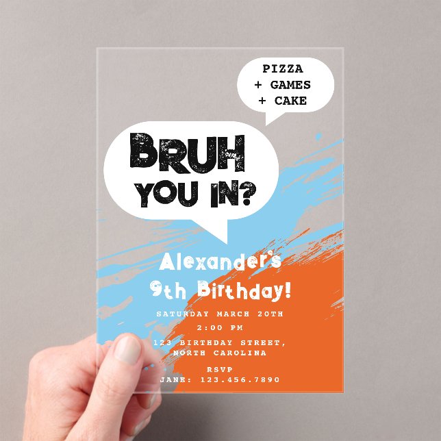 Invitaciones Acrílicas Cumpleaños de Bruh Boy Graffiti Naranja Azul Discu (Insitu (portátil))