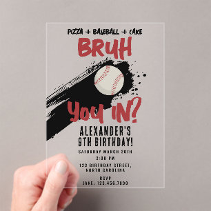 Invitaciones Acrílicas Cumpleaños de Bruh Boy Juego de Béisbol Deportivo
