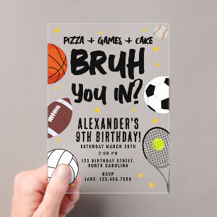 Invitaciones Acrílicas Cumpleaños de Bruh Boy Juegos Deportivos Atléticos