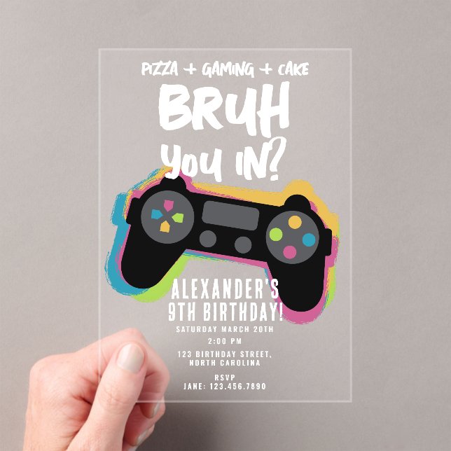 Invitaciones Acrílicas Cumpleaños de Bruh Boy Neon Gaming Adolescente Jug (Insitu (portátil))