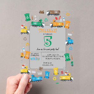 Invitaciones Acrílicas Cumpleaños de camiones y contenedores de reciclaje