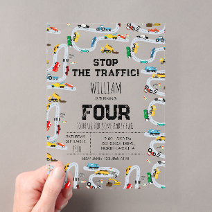Invitaciones Acrílicas Cumpleaños de coches camiones transporte parada tr