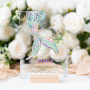 Invitaciones Acrílicas Cumpleaños de cola de sirena con brillo dorado baj