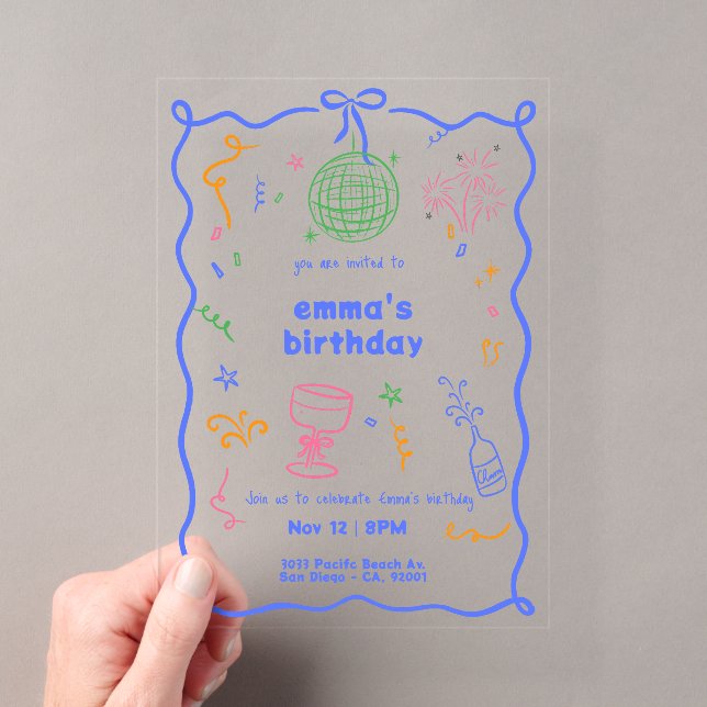 Invitaciones Acrílicas Cumpleaños de colores disco caprichoso (Insitu (portátil))