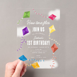 Invitaciones Acrílicas Cumpleaños de Cómo Vuela el Tiempo Niños Cometas L