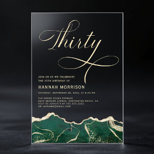 Invitaciones Acrílicas Cumpleaños de Cuarenta Treinta Ágata Dorada Verde