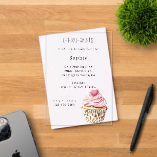 Invitaciones Acrílicas Cumpleaños de Cupcake de Corazón Rosa Crema Leopar