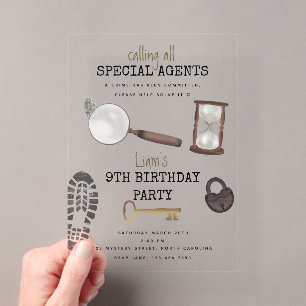 Invitaciones Acrílicas Cumpleaños de detective espía agente secreto Myste