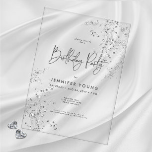 Invitaciones Acrílicas Cumpleaños de Diamantes Glam Black White Minimalis