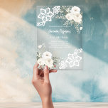 Invitaciones Acrílicas cumpleaños de encaje floral blanco<br><div class="desc">Para una elegante fiesta de cumpleaños de un hito (cualquier edad). Un fondo transparente y claro decorado con flores blancas,  rosas y encaje. Personalice y agregue su nombre y detalles del fiesta.</div>