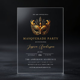Invitaciones Acrílicas Cumpleaños de fiesta de máscaras elegante en oro