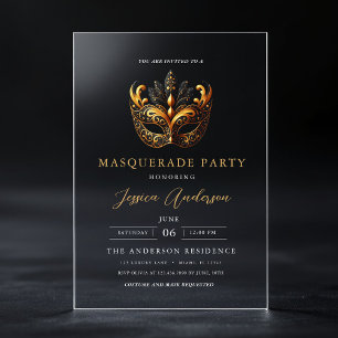 Invitaciones Acrílicas Cumpleaños de fiesta de máscaras elegante en oro