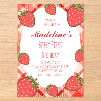 Invitaciones Acrílicas Cumpleaños de Frutas Fresas Berry Primero