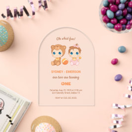 Invitaciones Acrílicas Cumpleaños de gemelos bebés niña oso transparente