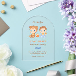 Invitaciones Acrílicas Cumpleaños de gemelos bebés niño oso transparente