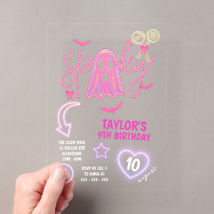 Invitaciones Acrílicas Cumpleaños de Halloween Rosa Neon Fantasma Espeluz