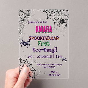 Invitaciones Acrílicas Cumpleaños de Halloween Rosa y arañas Halloween 