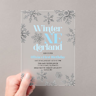Invitaciones Acrílicas Cumpleaños de invierno Onederland azul copo de nie