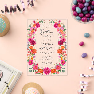 Invitaciones Acrílicas Cumpleaños de jardín floral rosa y naranja colorid