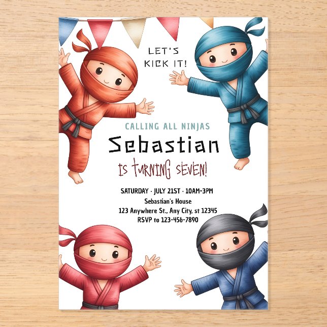 Invitaciones Acrílicas Cumpleaños de Karate para Guerreros Ninja (Anverso)
